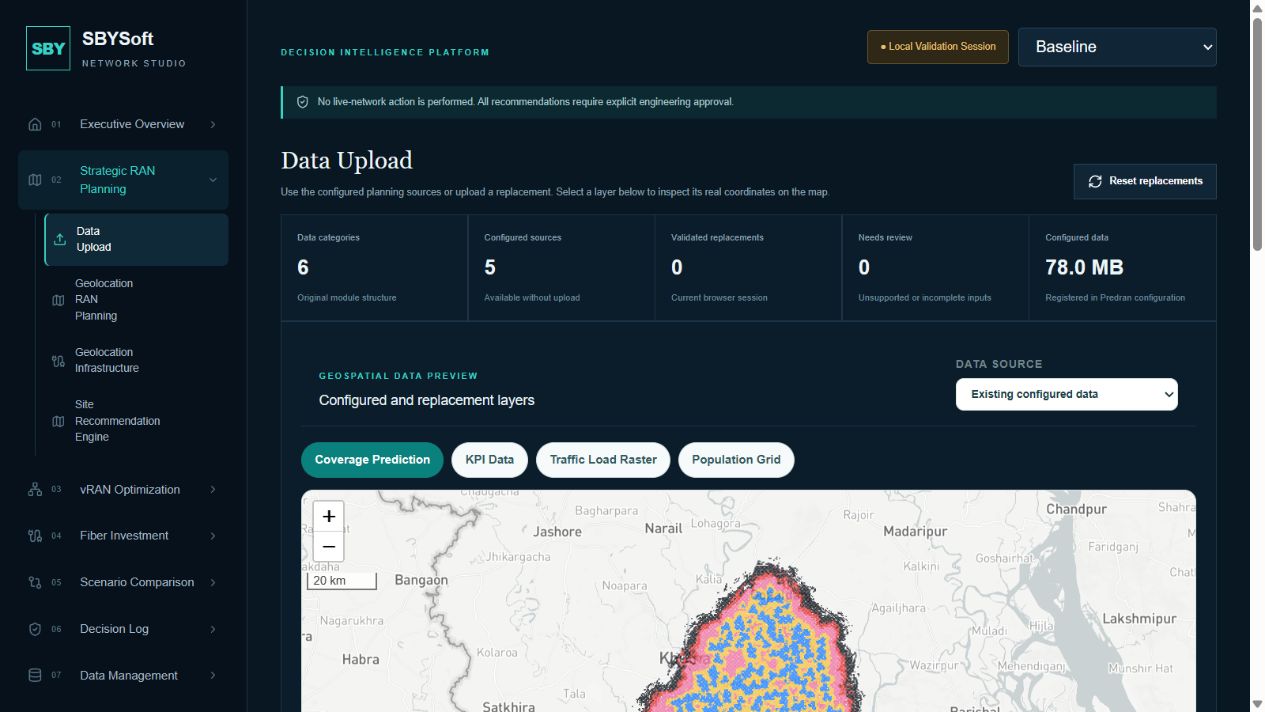 Strategic RAN Planning Data Upload screen with configured source indicators and a geospatial coverage preview